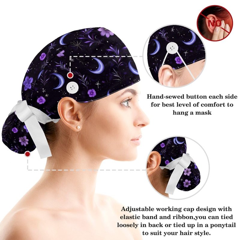 Scrub Caps Women, Surgical Caps with Buttons, Ponytail Nurse Hat, Bouffant Scrub Hats with Hair Scrunchy Adjustable, Moon Purple Floral Star Vintage Wildflower Pastorable