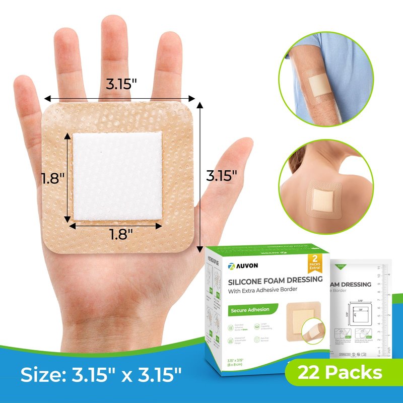 AUVON Silicone Foam Dressing with Large Adhesive Border, 3" x 3" 22 Packs Wound Dressing Bandage with High Absorbency, Waterproof Silicone Foam Pads for Wound Care, FSA/HSA Eligible