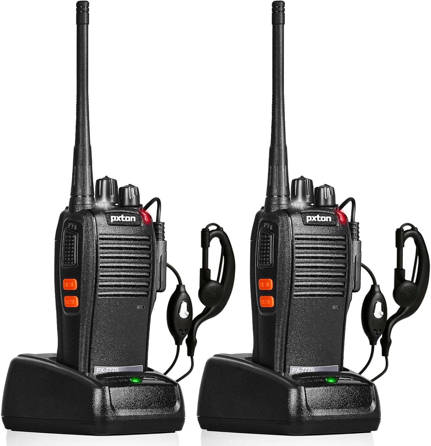 Pxton 777S Rechargeable Walkie Talkies - Long Range Two-Way Radios with Earpieces & Li-ion Battery | 2 Pack