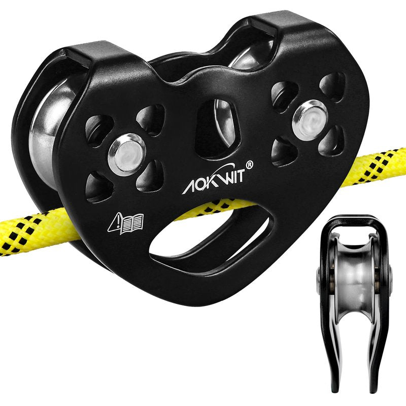 Zip Line Pulley 8-13mm Climbing Pulley Cable Rope Durable Aluminum Stainless Steel Roller Double Tandem Speed Dual Pulley 25KN for Backyard Zipline Hauling Rigging Mountaineering Rescue Climbing Gear