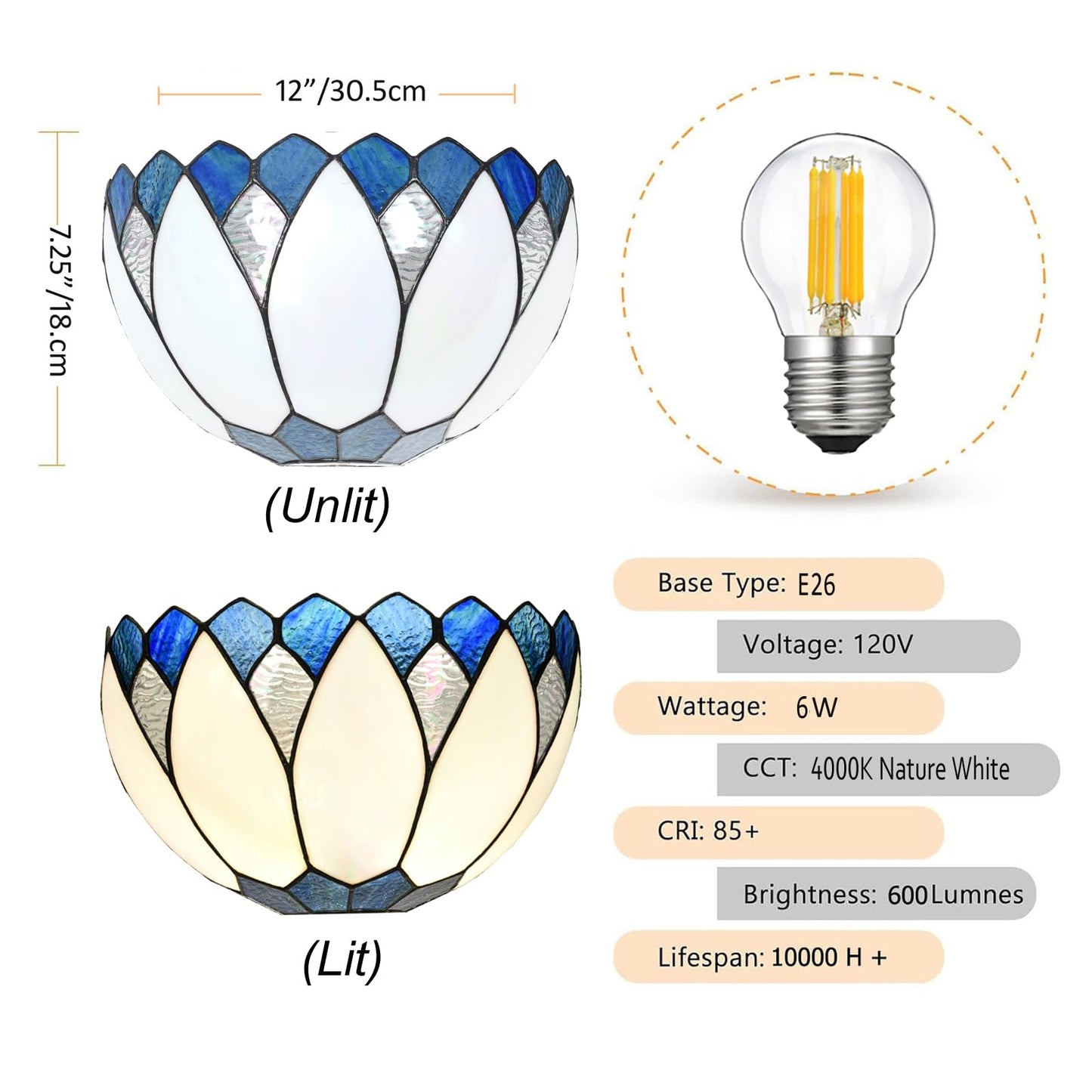 HomeBeauty WL0006 Blue White Lotus Tiffany Style Wall Sconce Stained Glass Wall Light Fixtures for Hallway Stairway Bedroom Livingroom, 12 Inches Wide(Blue White)