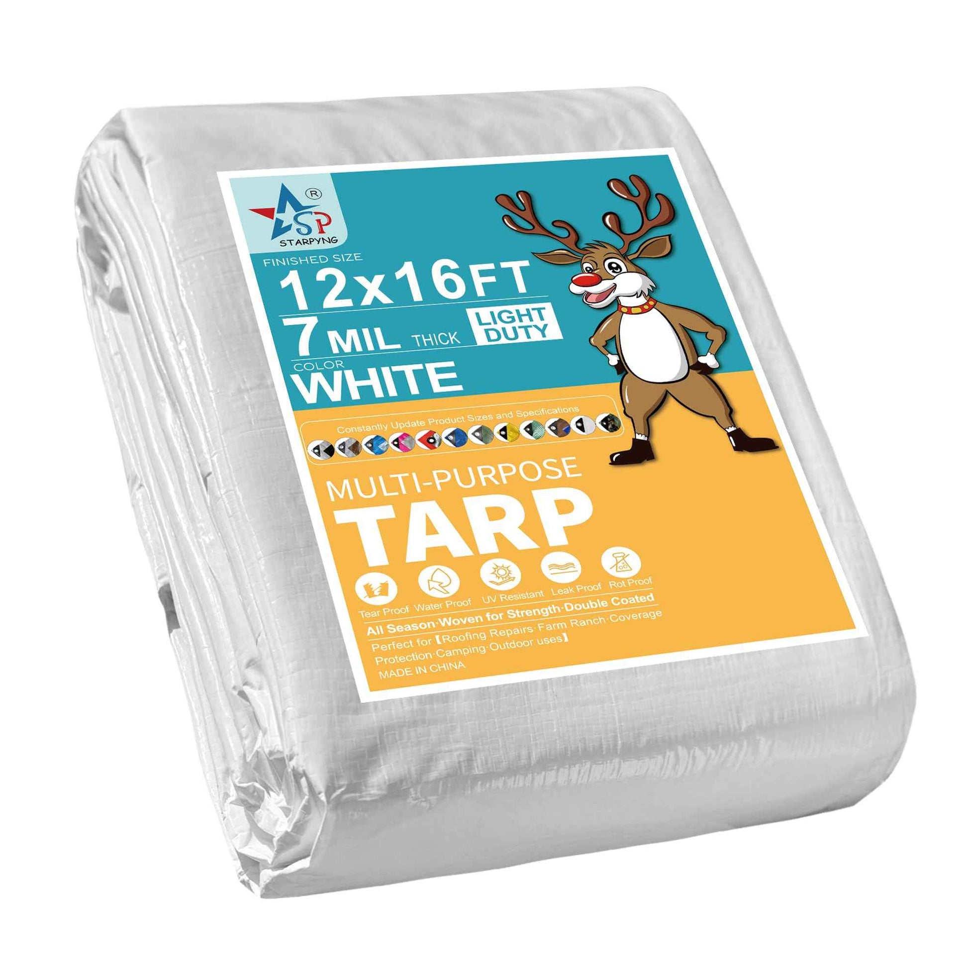 STARPYNG-7 Mil White 12x16 Feet Tarp-Multifunctional White Waterproof Tarpaulin-Waterproof, UV Resistant, Rip and Tear Resistant, Poly Tarpaulin with Reinforced Edges for Cover