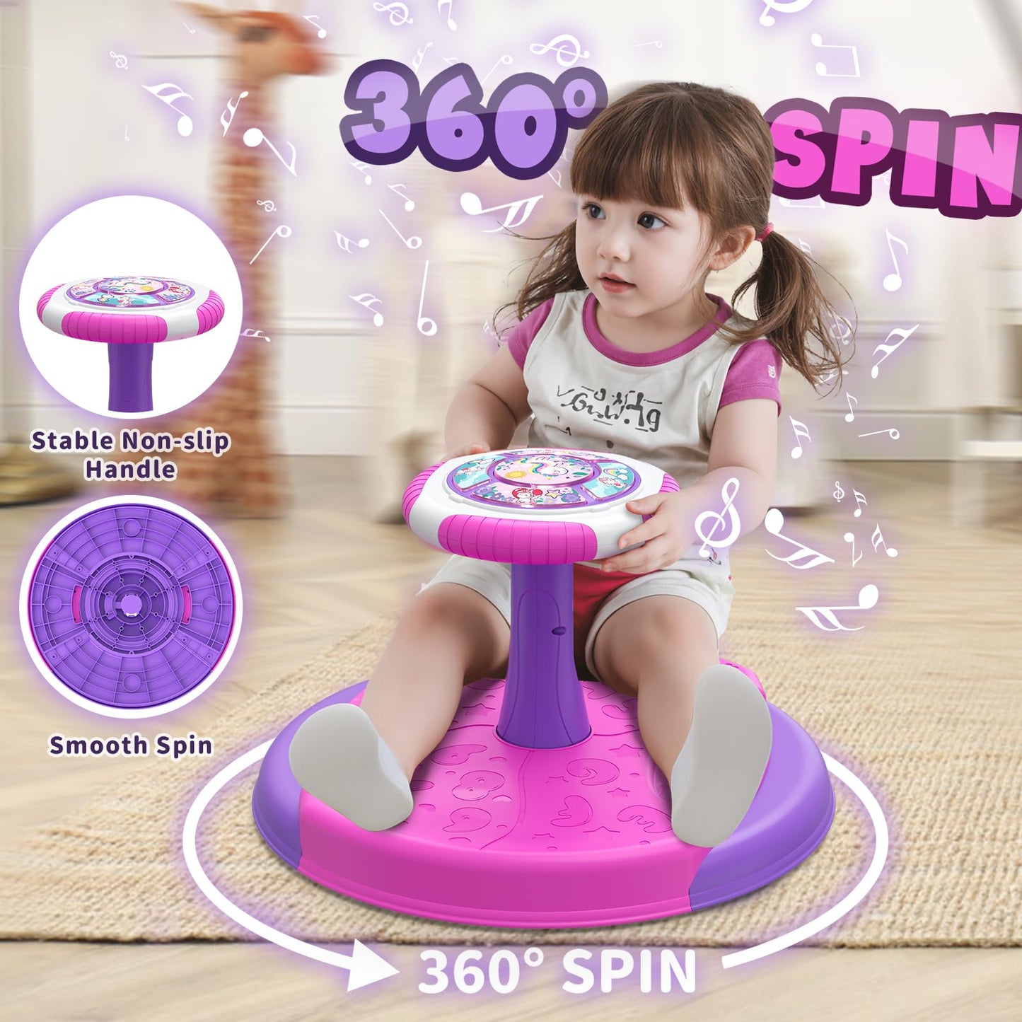 HYES Unicorn Sit and Spin Toys for Toddlers 1-3 Girls, 360° Toddler Spinning Seat with LED Lights and Music, Sensory Toys Birthday for Kids 3-5