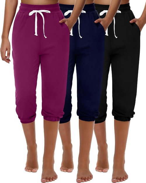 Ficerd Women's Capri Joggers - High Waisted Athletic Lounge Pants with Pockets | 3 Pcs Set