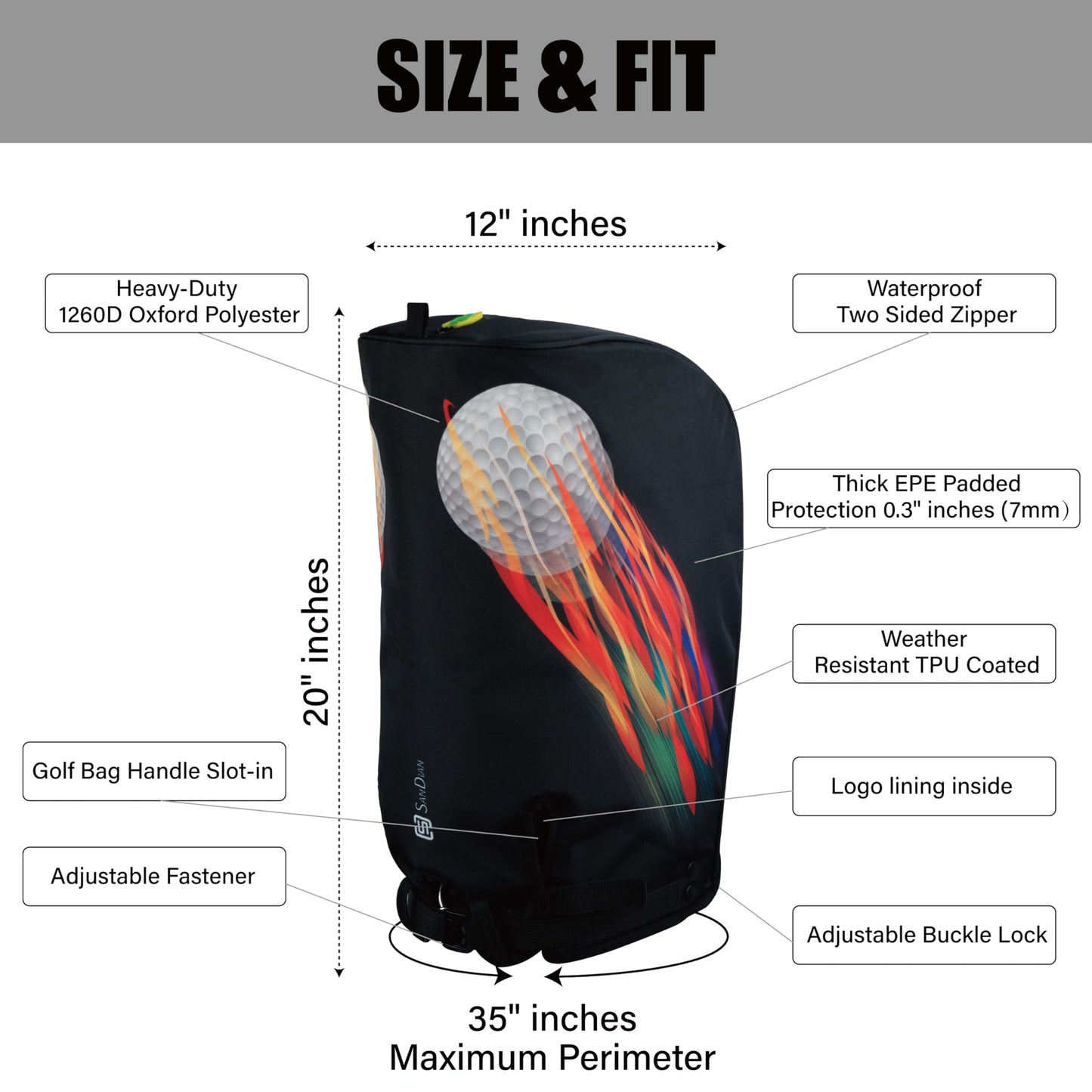 SANDIAN, Spinning Ball, Golf Bag Rain Hood Cover, Waterproof 1260D Oxford Polyester, 12x20 Inches, Padded Protection, PU Coated, Two Sided Zipper, Adjustable Buckle Lock Fasteners, Snap Button Locking