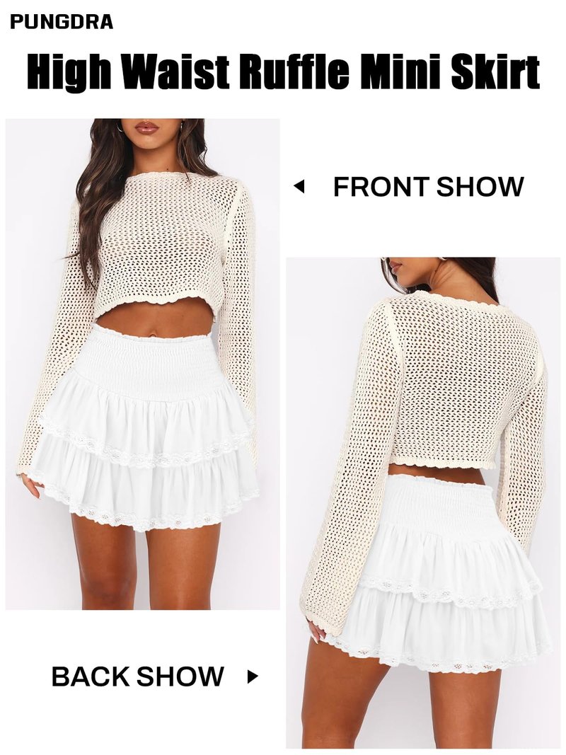 Pungdra Womens Casual Ruffle Mini Skirt Athletic Golf Tennis Skort Boho Tiered High Waist Layered Ruffle Lace Hem Flowy Short Skirts White Medium