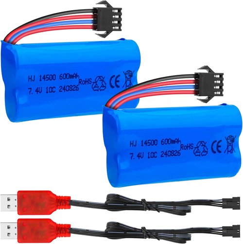 Crazepony 600mAh 7.4V Li-ion Rechargeable Battery - SM-4P Plug & Charger Cable | 2 Pack for RC Boats & Cars
