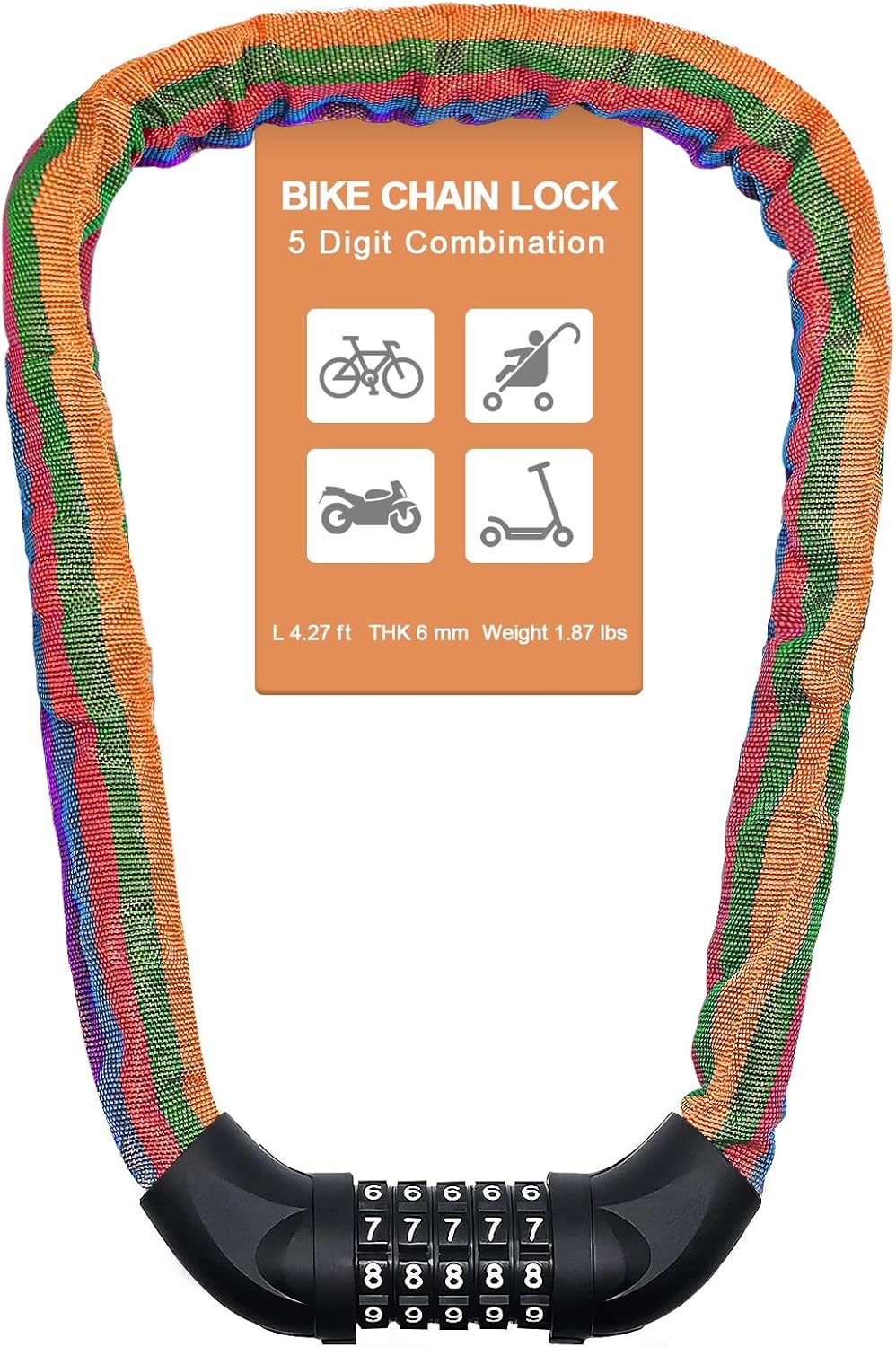 NDakter Heavy-Duty Bike Lock - 5-Digit Combination Security Chain | 2.62 to 6 Ft Length, Anti-Theft Design