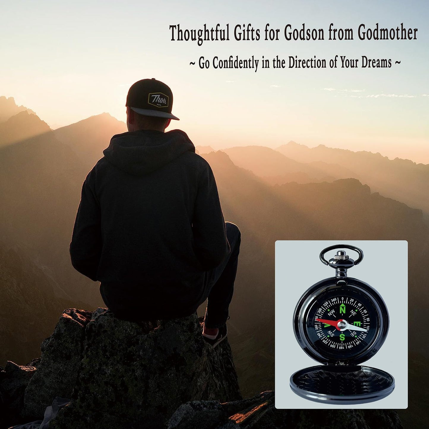 Godson Gifts from Godmother Godfather, Go Confidently Pocket Compass Engraved Black, to My Godson Pocket Token, Inspirational Keepsake Gifts Ideas for Godson Birthday Graduation Christmas Baptism