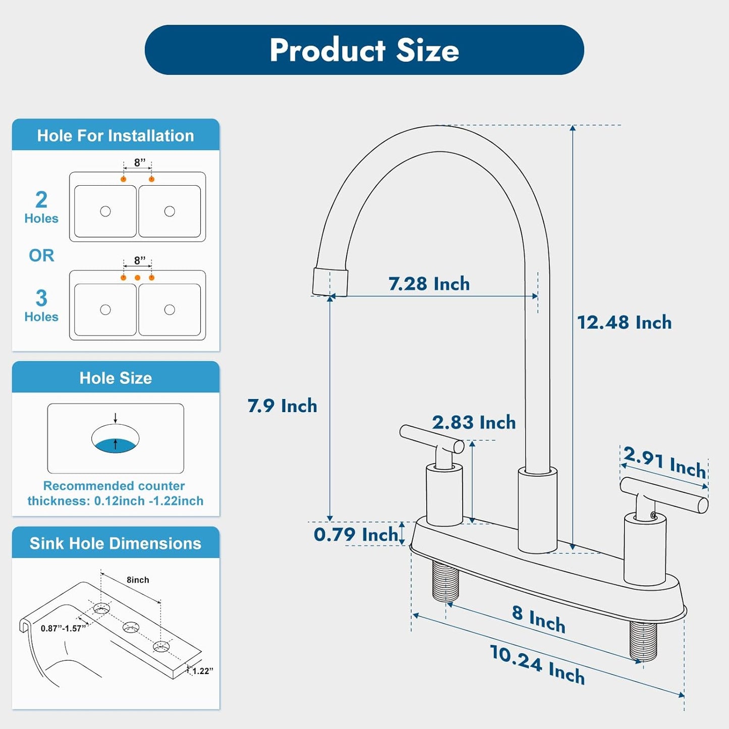 Brushed Nickel Kitchen Faucet with 360° Rotating Spout & Side Sprayer - 2 Handle, 8 Inch Centerset