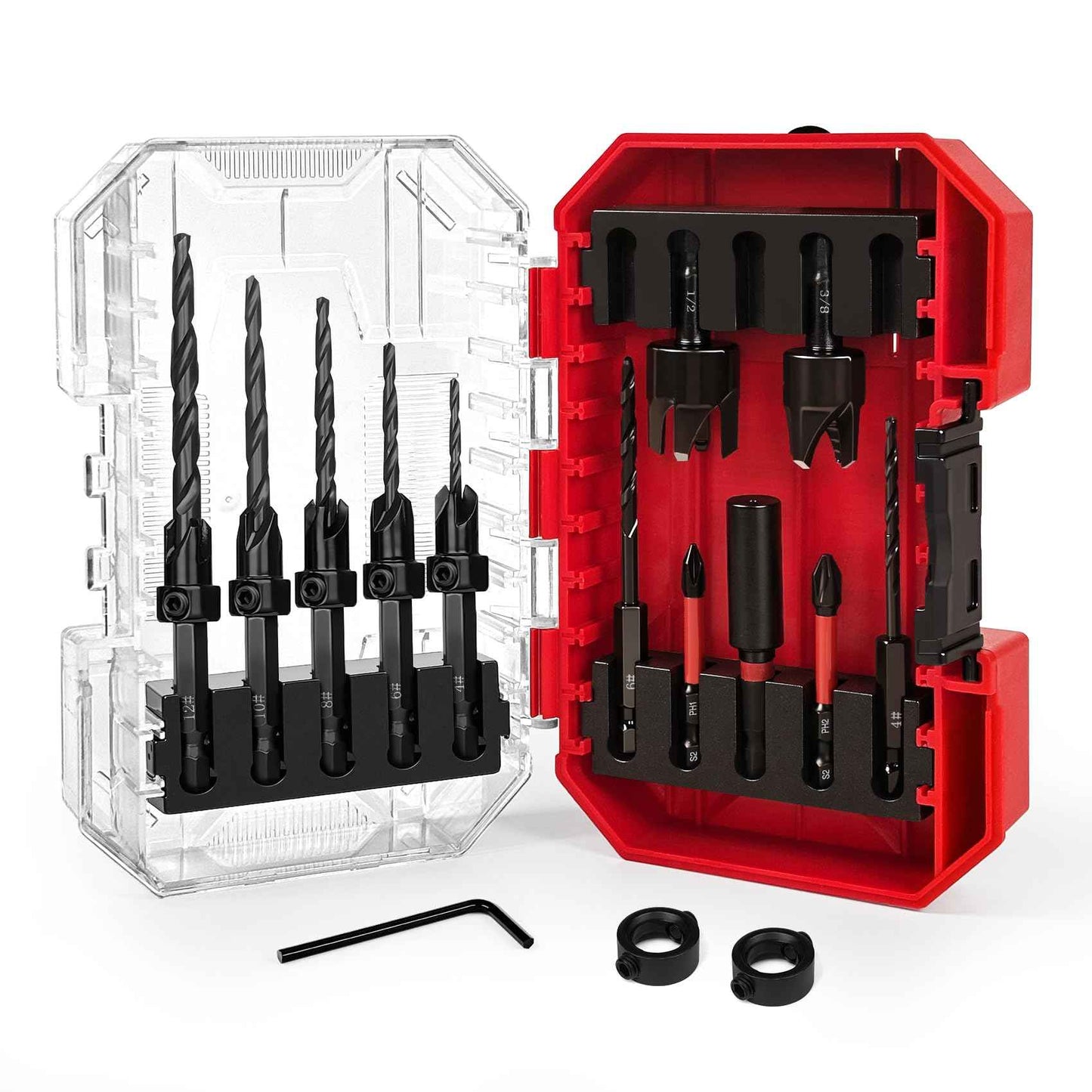Countersink Drill Bit Set, 15 PCS Adjustable Tapered HSS Drill Bit Set for Woodworking, with Nitrided Surface, Wood Plug Cutters 1/4" Hex Shank Quick Change, for Wood Drilling with Storage Box