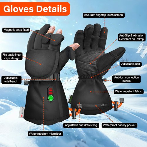 Heated Gloves for Men Women,Photography Gloves with Rechargeable 7.4V 3000mAh Battery,Flip Tech Finger Caps with Magnets,Hand Warmer in Winter Cold Weather for Drone/Fishing/Hunting/Motorcycle - L