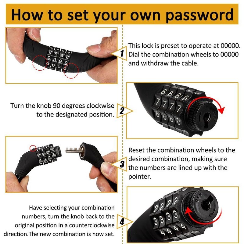 Sanwo Security Bike Lock 4 Digit Resettable Combination Cable Lock for Bicycle, 2 Feet x 1/2 Inch (Black)