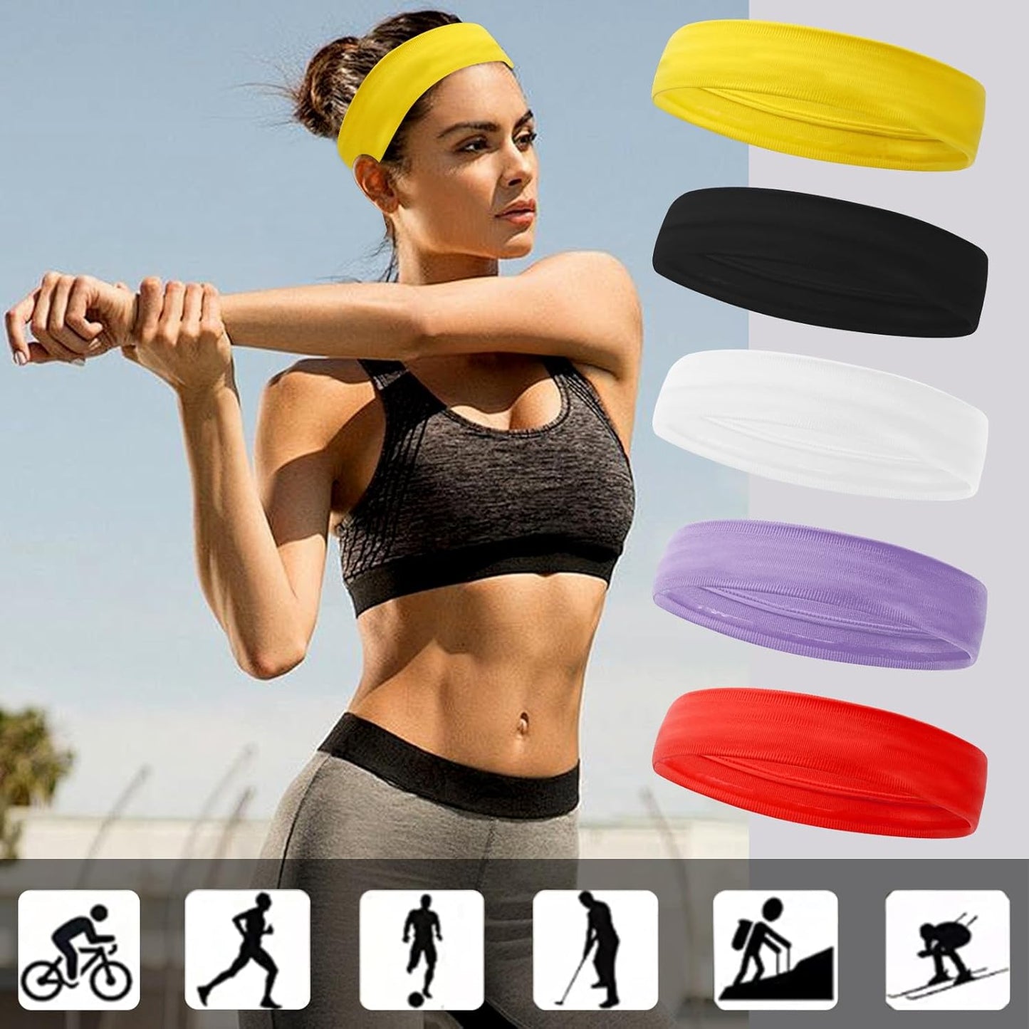 Skiennix 5PCS Yellow Sport Headbands - Non-Slip Silicone Fitness Hairbands for Yoga & Running