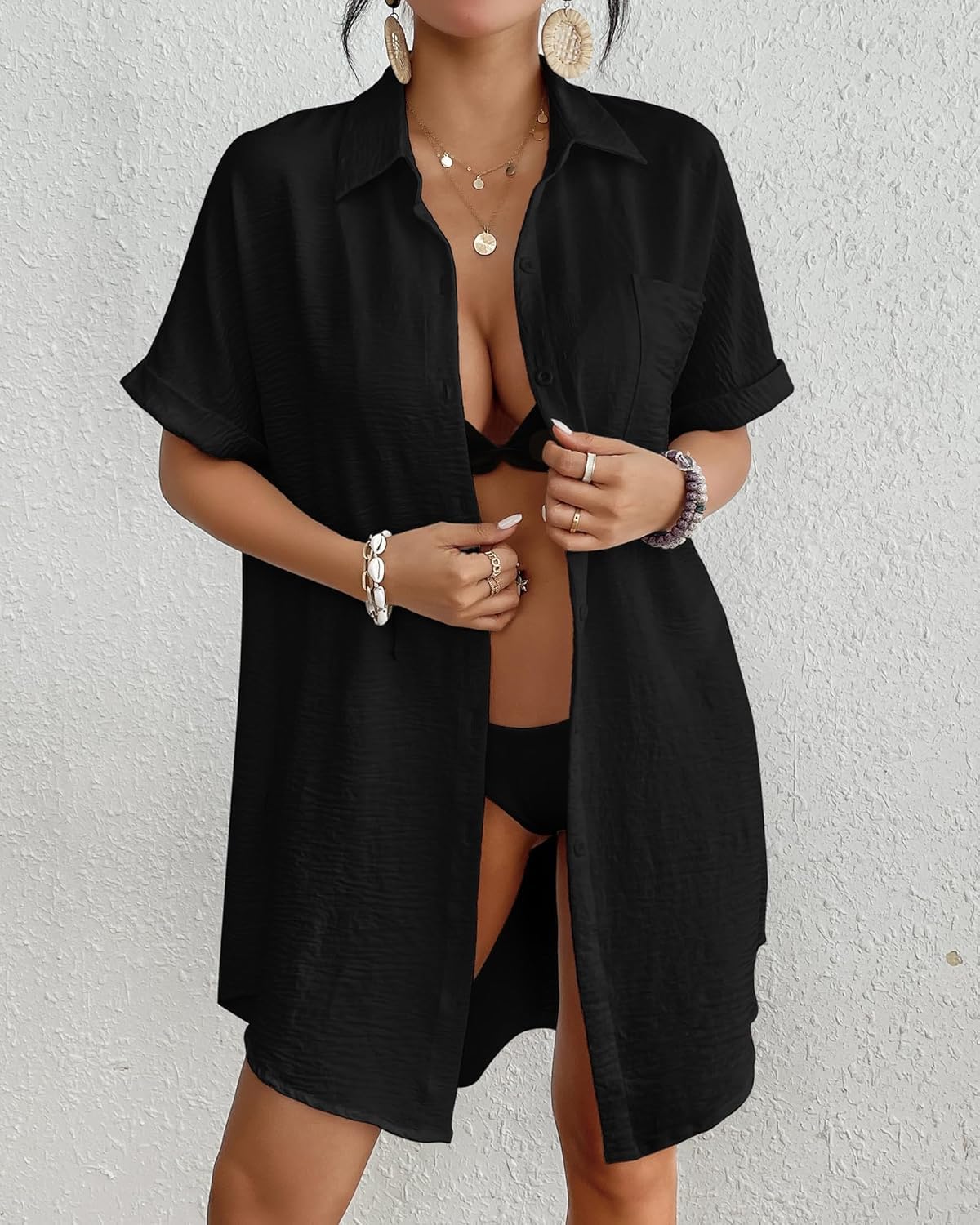 Bsubseach Women Swimsuit Coverup Shirt Dress Button Down Bathing Suit Cover Up Beach Vacation Outfits Black S