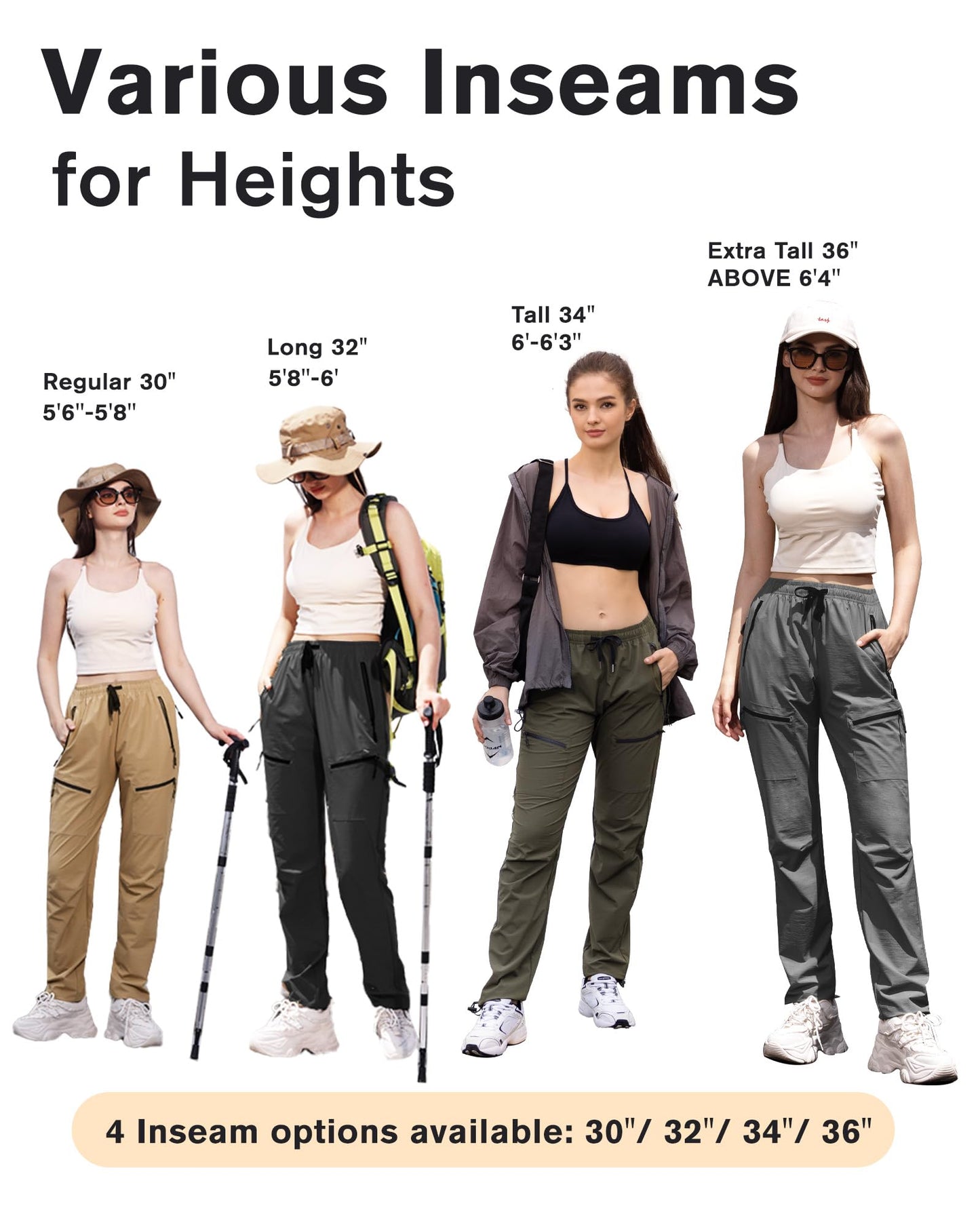 FLEFRM Womens Hiking Pants Quick Dry Tall Insteam 29"/32"/34"/36" Water Resistant Lightweight Cargo Pants with 5 Pockets Insteam 34", Black, XL