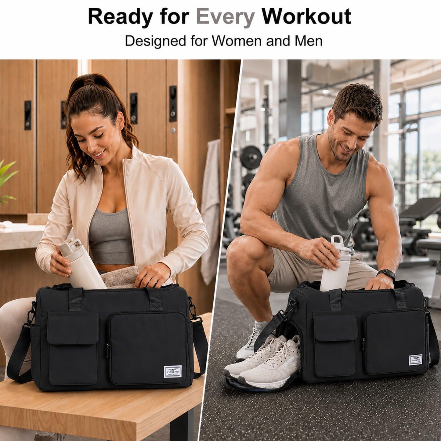 FIORETTO Women's Gym Duffle Bag with Shoes Compartment, 30L Capacity, Ideal for Travel, Gym, Sports, Duffel, Weekender, Black