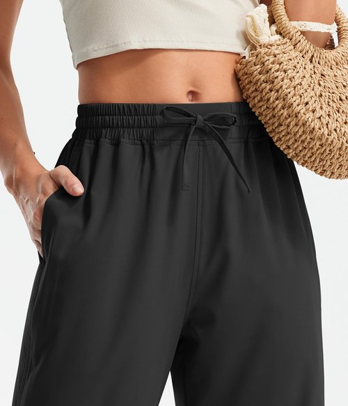 Libin Wide Leg Capri Pants for Women Lightweight Quick Dry Casual Slacks Lounge Travel Pants with Pockets Loose Fit Trousers Hiking Walking Summer, Black L