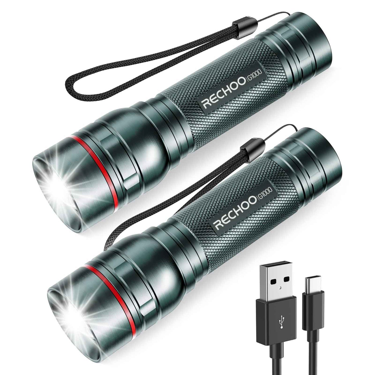 Rechargeable Flashlights High Lumens, G1000 Super Bright Flash Light 2 Pack, Small Zoomable LED Flashlight with 3 Lighting Modes, Portable Flashlight for Camping Essentials (Battery Included)-Grey