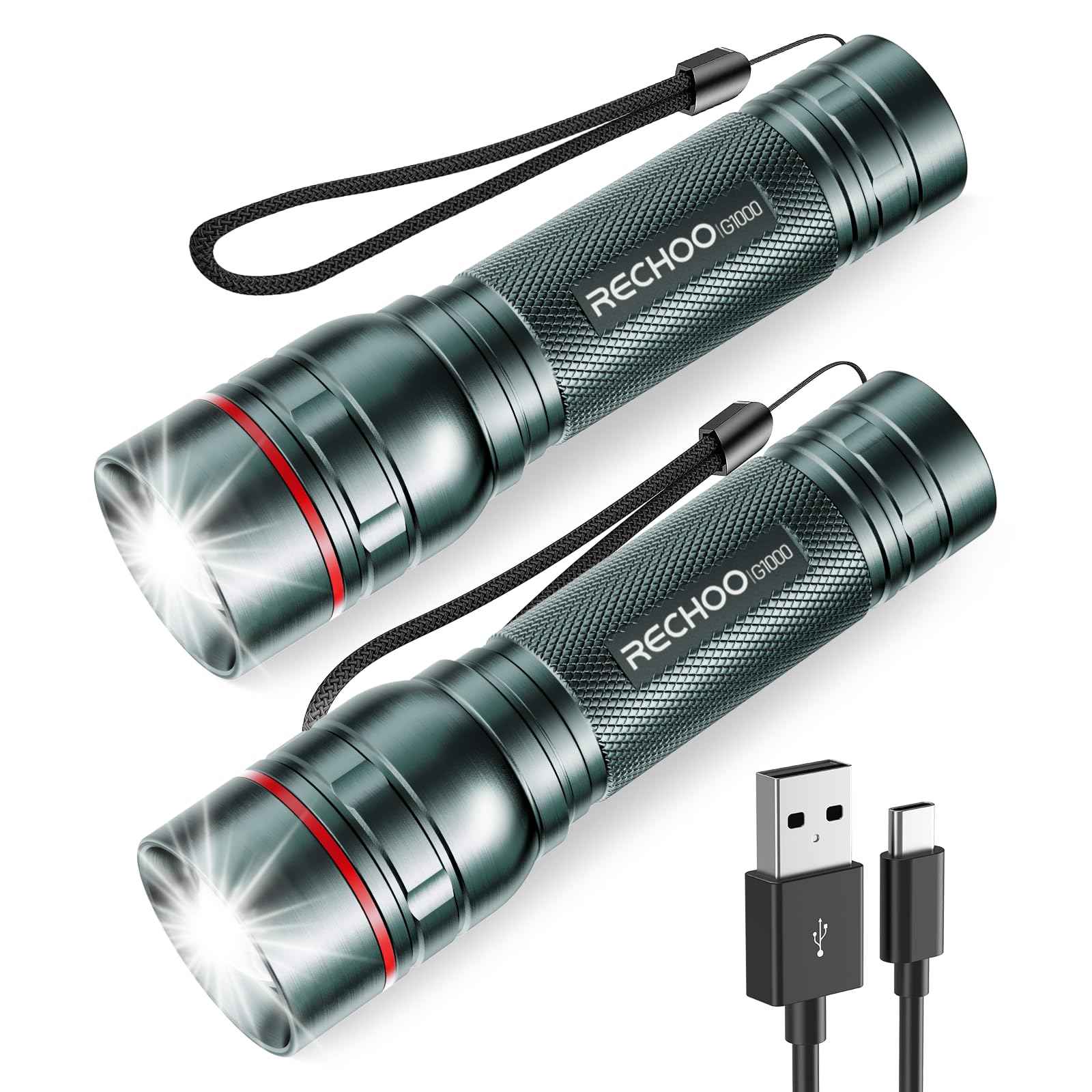 Rechargeable Flashlights High Lumens, G1000 Super Bright Flash Light 2 Pack, Small Zoomable LED Flashlight with 3 Lighting Modes, Portable Flashlight for Camping Essentials (Battery Included)-Grey