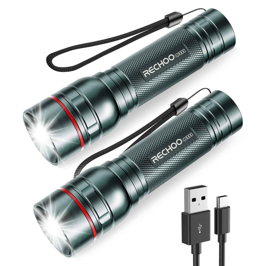 Rechargeable Flashlights High Lumens, G1000 Super Bright Flash Light 2 Pack, Small Zoomable LED Flashlight with 3 Lighting Modes, Portable Flashlight for Camping Essentials (Battery Included)-Grey