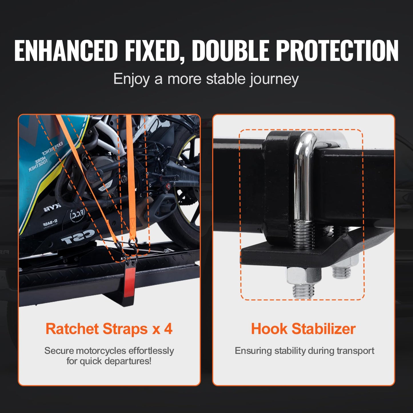 VEVOR Motorcycle Carrier, 600 LBS Steel Motorcycle Carrier Hitch Mount with 47" Longer Ramp, Scooter Dirt Bike Trailer Hauler with Ratchet Straps and Stabilizer, for Car, Truck with 2" Hitch Receiver