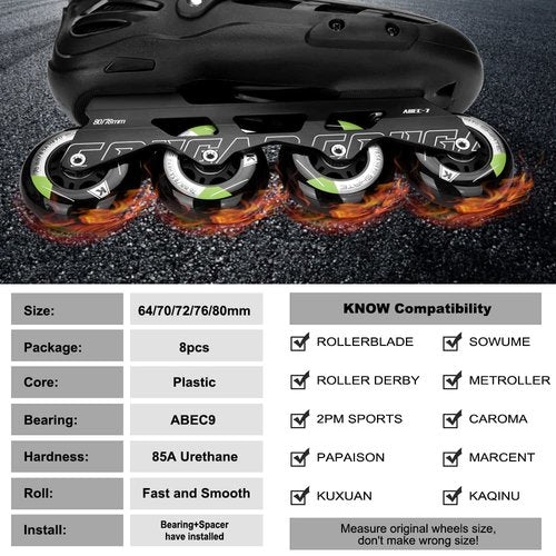 8 Pack Inline Skate Wheels 72mm 76mm 80mm Inline Replacement Wheels with ABEC9 Bearing for Roller blade Derby K2 Inline Skate- 85A Indoor Outdoor Inline Skate Wheels