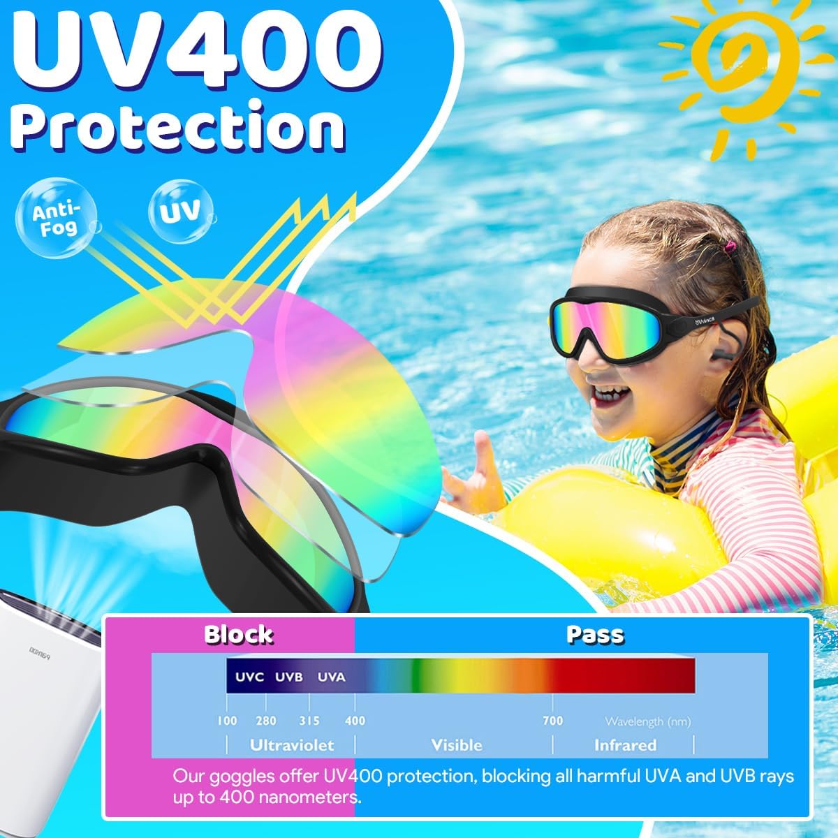 Vvinca Swim Goggles - Anti-Fog UV Protection with Earplugs & Nose Clip | Wide View for Kids Ages 3-15