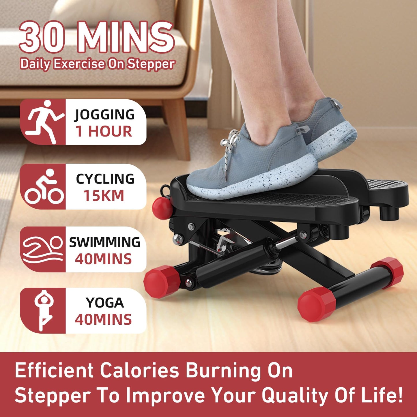LUBBYGIM Mini Stepper with Resistance Bands, Steppers for Exercise at Home, Stair Stepper with 350lbs Loading Capacity for Full Body Workout, Red