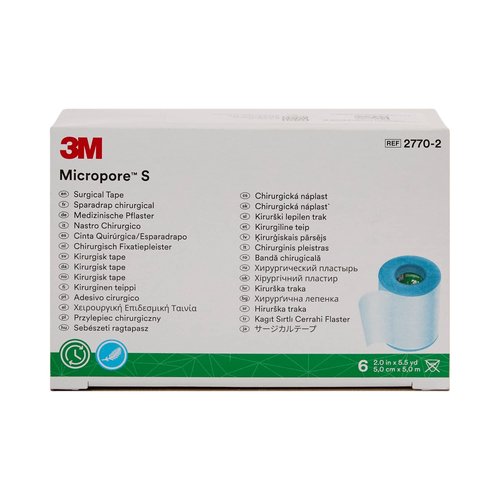 3M Micropore Medical Tape, Non-Sterile, Silicone, Blue, 2 in x 5 1/2 yds, 6 Rolls, 1 Pack