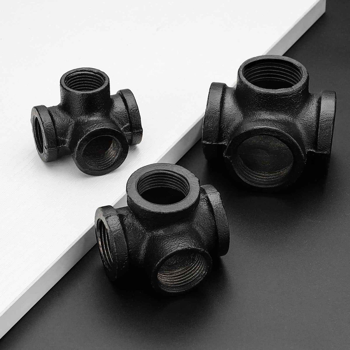1" Black Pipe Fittings 4-Way Side Outlet Tee - Home Expert 4 Pack Malleable Cast Iron Threaded Pipe Fittings for Industrial Pipe Shelves Bracket, Vintage Industrial Pipe Furniture