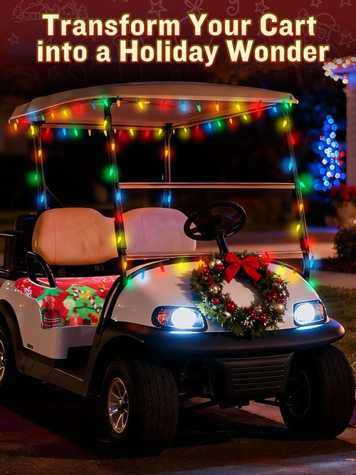 Aulock 2pcs Golf Cart Christmas Decorations – Includes 33ft Christmas Lights and Seat Cover, Golf Cart Accessories
