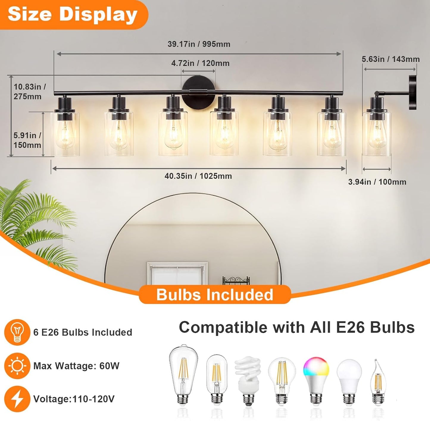 Modern Black 3-Light Bathroom Vanity Light Fixture with Clear Glass Shades - 2 Pack