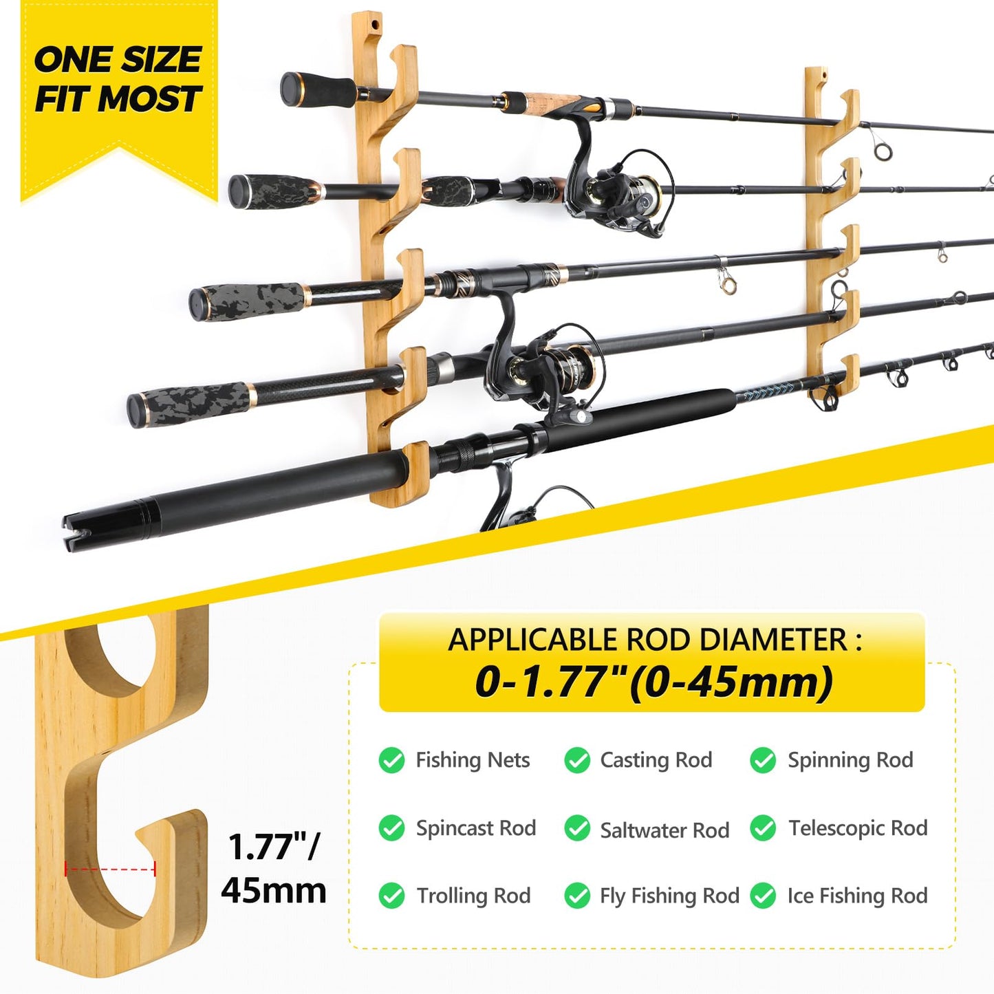 PLUSINNO H5W Horizontal Fishing Rod/Pole Holders for Garage, Wall or Ceiling Mounted Rack, Solid Wood Fishing Rod Holder Holds up to 5/10/20 Rods or Combos Fishing Gear, Gifts for Men