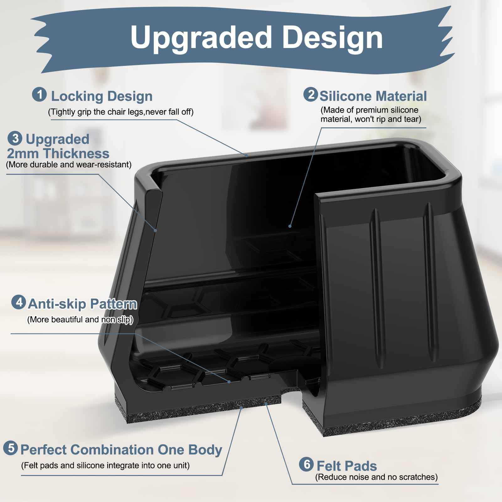 24PCS Rectangular Chair Leg Floor Protectors for Hardwood Floors, Thicken Rubber Chair Leg Cap Covers, Non Slip Furniture Leg Pads to Protect Wood Tile Floors from Scratches and Reduce Noise