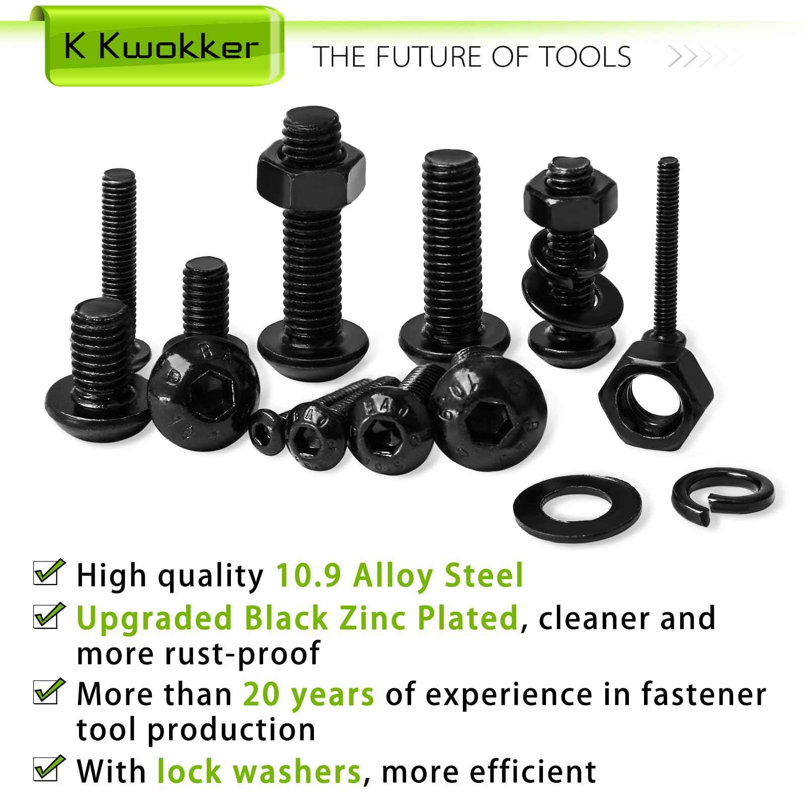 K Kwokker 2410Pcs M2 M3 M4 M5 Nuts and Bolts Assortment Kit 4MM to 20MM Upgraded Zinc Plated Hex Button Head Cap Metric Machine Screws, 10.9 Alloy Steel Bolts and Nuts Kit w/Lock Washers for Screws