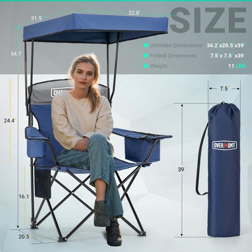 Overmont Beach Chair with Canopy Shade and Cooler - Support 330lbs Oversized Folding Camping Chair with Umbrella- Cup Holder - Cool Bag - Lounge Chair for Sand Travel Outdoor Pool Sports Blue