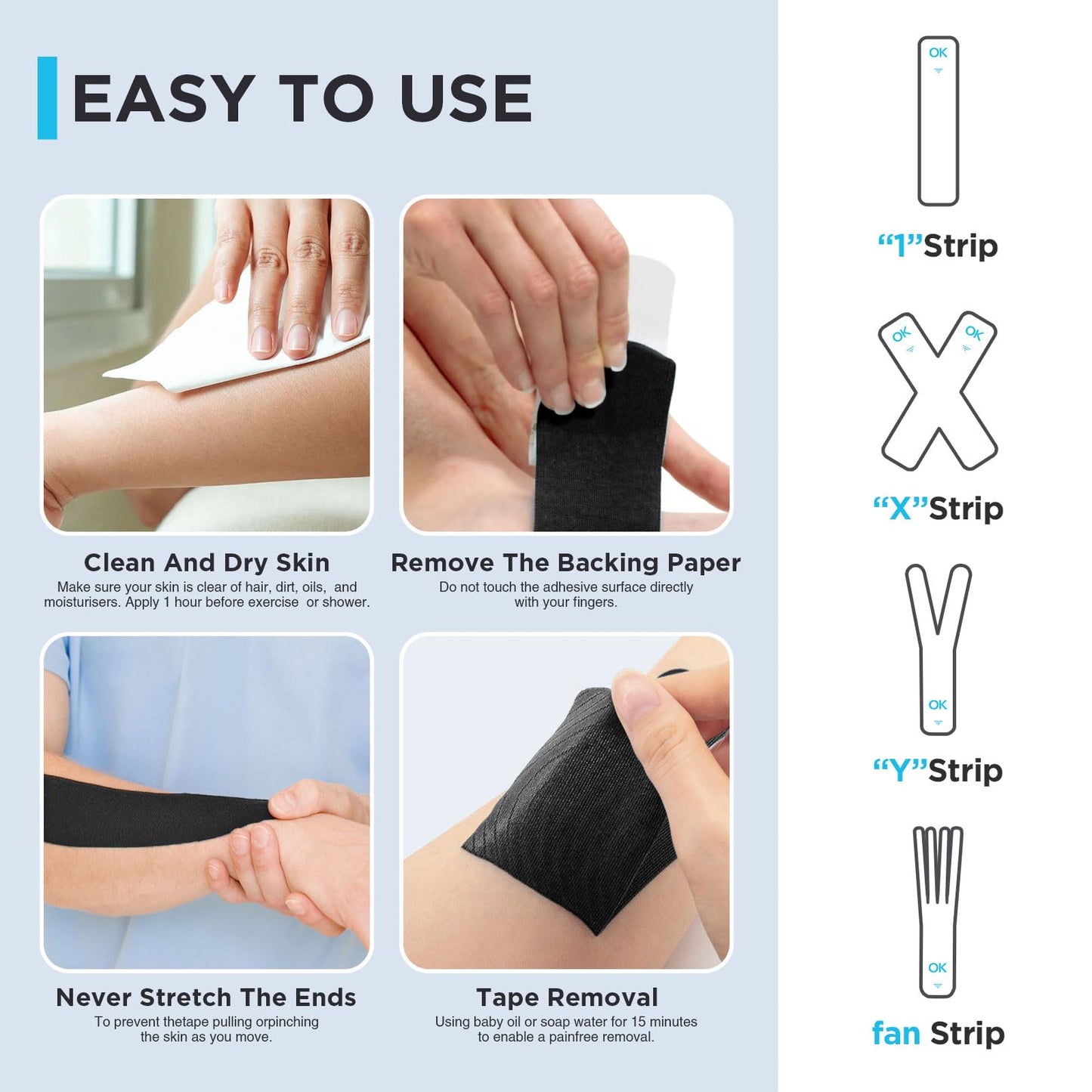 OK TAPE Kinesiology Tape Pre Cut Strips Bulk (100 PCS),Elastic Cotton Latex Free Hypoallergenic Athletic Tape Roll for Muscle Joint Knee,Waterproof 2in×10in/PCS