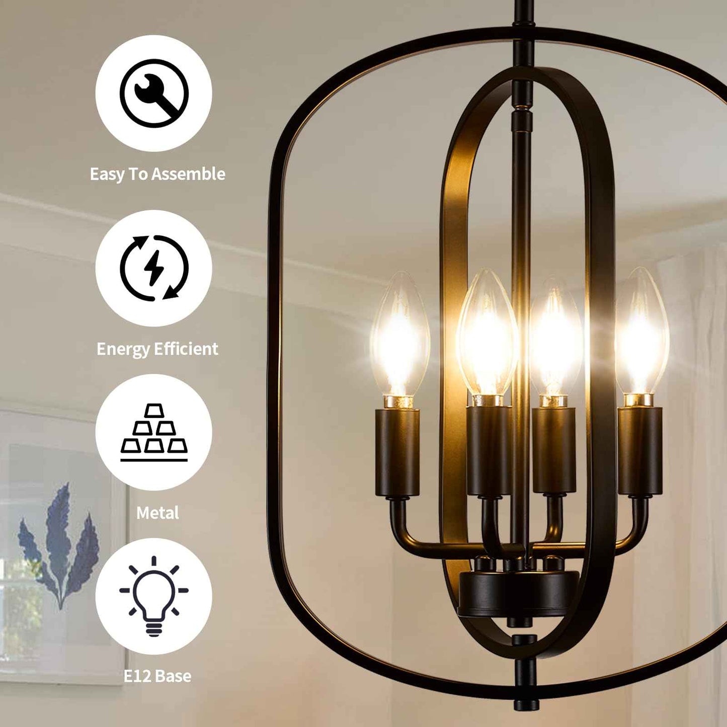MIAYBPH Black Chandelier Light Fixture, 4-Light Dining Room Chandelier Over Table Farmhouse Rustic Small Entryway Chandeliers Hanging Island Pendant Lights for Kitchen Entryway Foyer Living Room