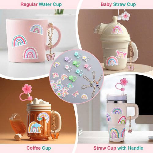 Reallnaive 124 Pcs Tumbler Cup Accessories Set Including: 100 Rainbow Stickers 12 Silicone Straw Caps 12 Butterfly Charms Suitable for Decorating Water Bottles with Handles