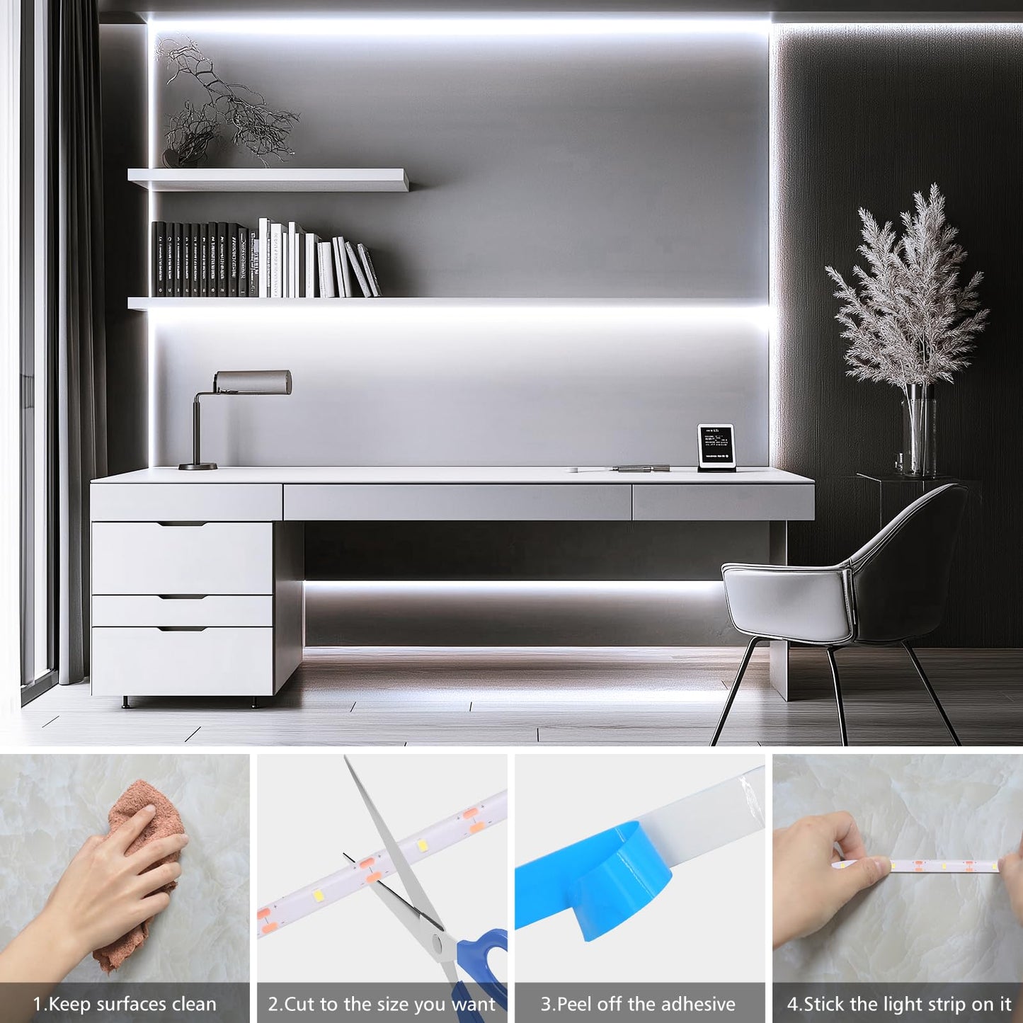 echosari 3.3FT 6000K Strip Lights Battery Operated, Tape Light with Remote 8 Modes Timer Self-Adhesive Cuttable, Strip Lights for Bedroom Cabinets Shelves TV Indoor Decor (Cool White)