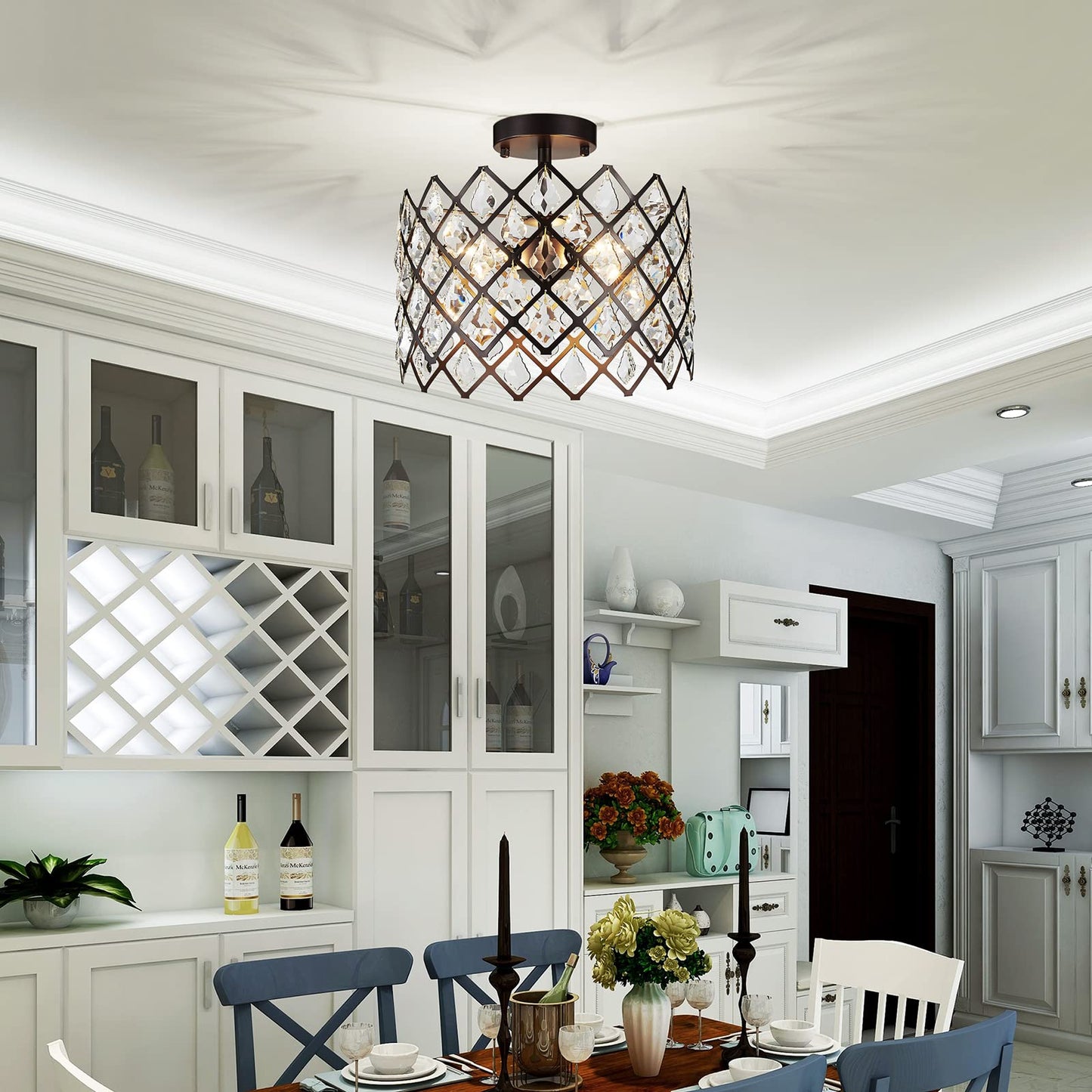 WUZUPS Crystal Chandelier 3-Light Semi-Flushmount Ceiling Light Modern Lighting Fixture for Bedroom Storageroom Hallway Bar Kitchen Dinning Living Room Bathroom, 13.4" Wide 11" High, Oil Rubbed Bronze