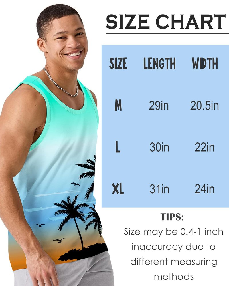 Nidoul Mens Beach Tank Tops Summer Graphic Palm Tree Sleeveless Shirts for Men Vacation Gym Running Workout Tank Top, Retro Blue Orange L