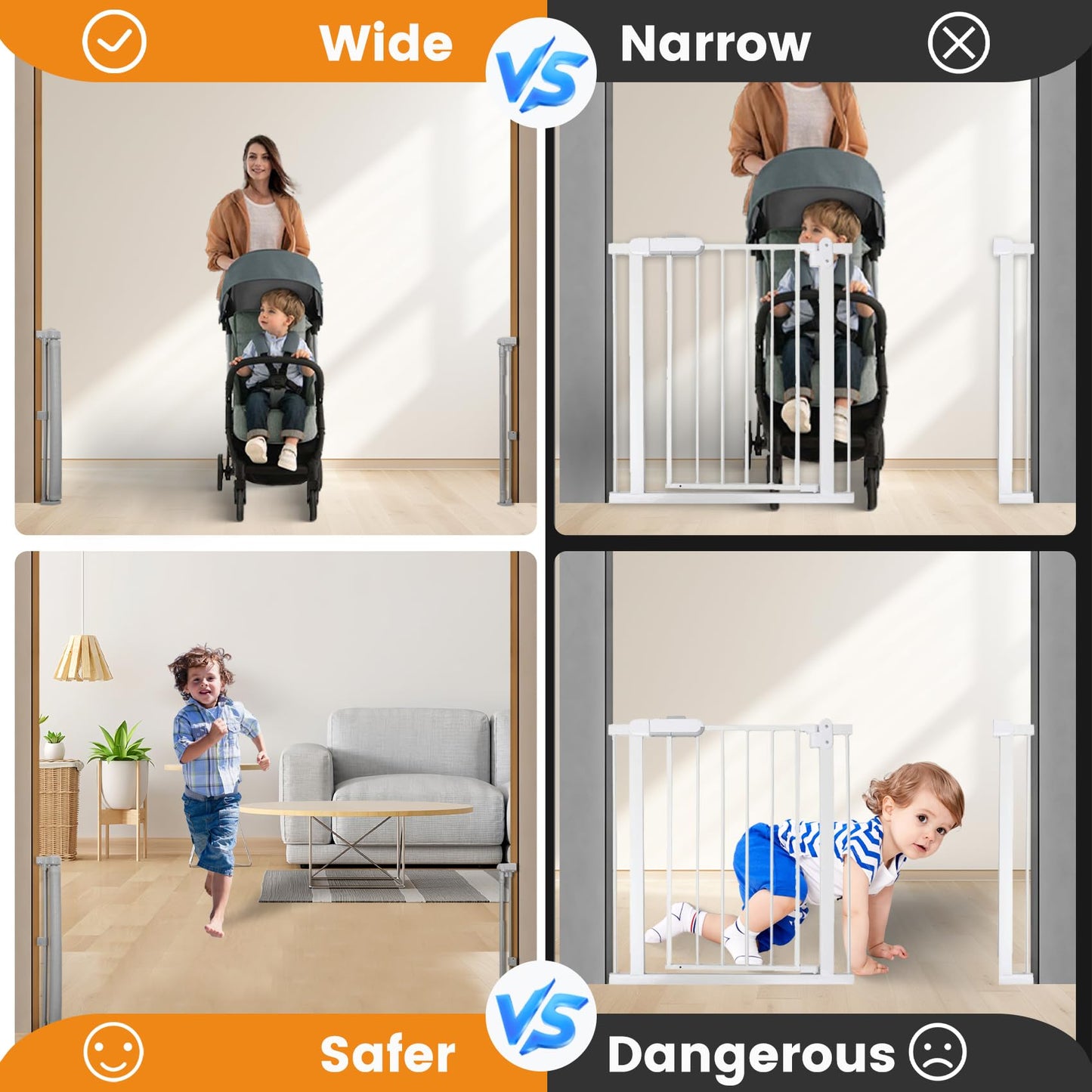 Innovative Retractable Baby Gates with Reinforced Strip,150" Extra Wide Mesh Baby Gate, 35" Tall One-Handed Operation, Double Locking Desion for Doorways Hallways Indoor Outdoor