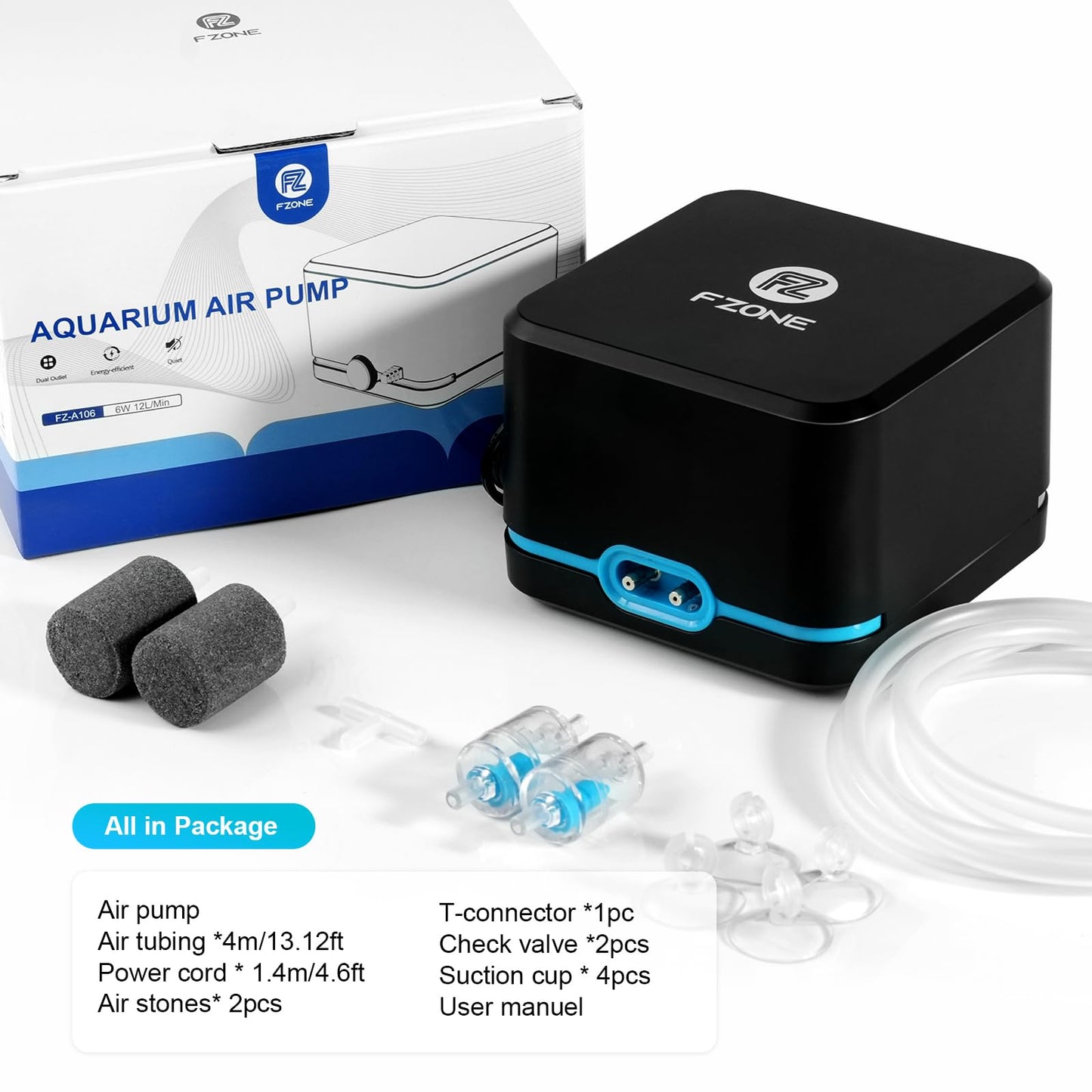 FZONE Aquarium Air Pump, Ultra Quiet Fish Tank Aerator Pump with Stainless Steel Dual Outlets, Adjustable Powerful Oxygen Pump with Air Stones for Freshwater and Saltwater Aquariums