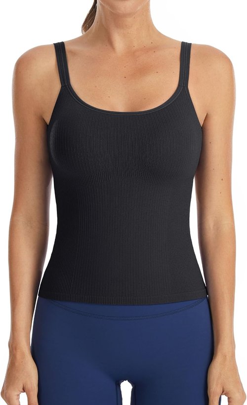ATTRACO Ribbed Workout Tank Top - Built-In Bra Yoga U Back Crop Top for Women | Tight Fit Gym Wear
