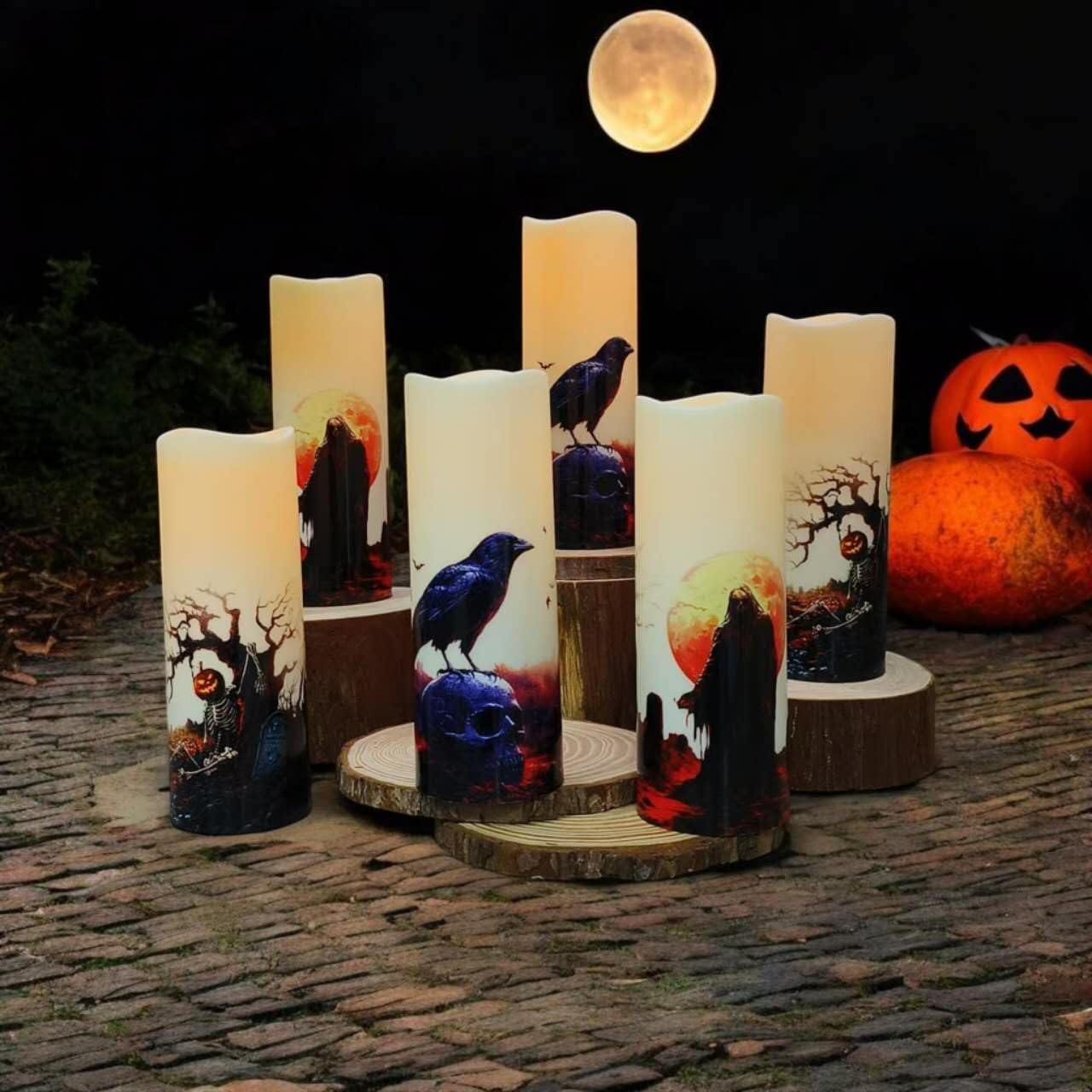 Halloween LED Flameless Candles, Gothic Design, Set of 6, 6x3 / 2.15 inch, Remote Control with Timer, Battery Operated (6, D 2.15 ")