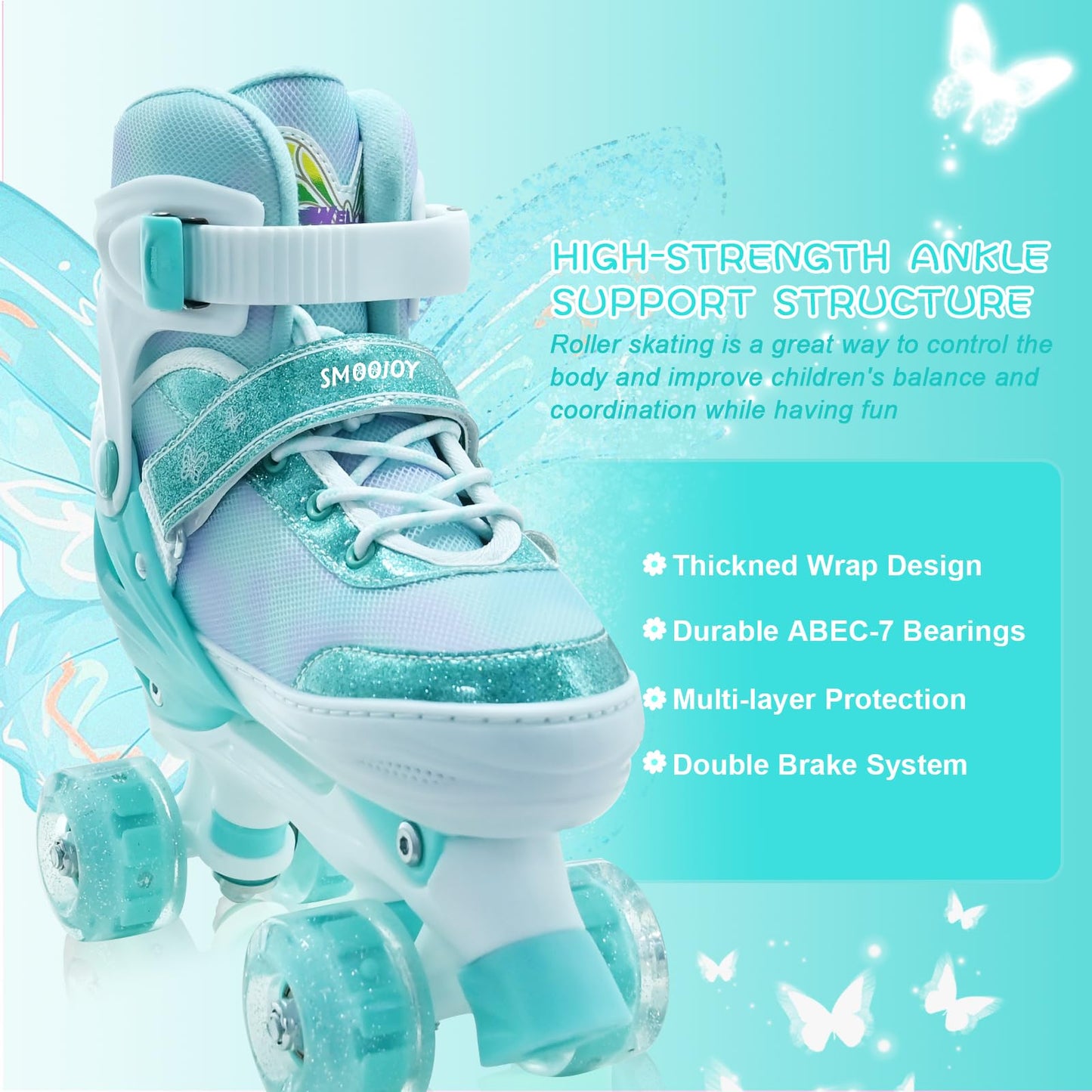 SMOOJOY Kids Roller Skates for Girls-Outdoor 4 Size Adjustable Butterfly Quad Rollerskates for Indoor Ages 3-15 Years Beginners Children's Birthday Gift with Light Up Wheels patines para niñas Indoor