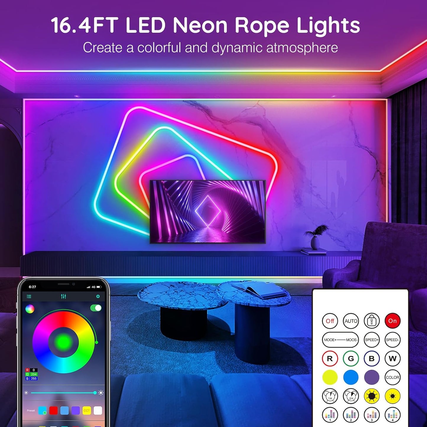 60FT SINLEY LED Neon Rope Lights - App/Remote Control, Waterproof RGB for Indoor/Outdoor Use