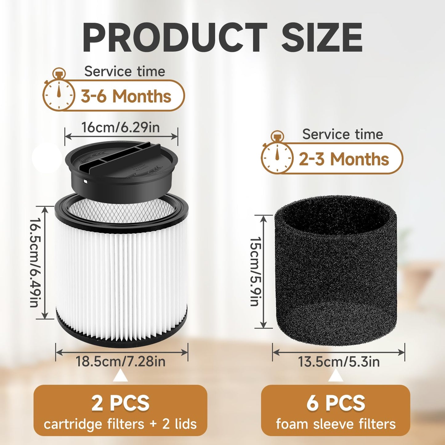 2 Pack 90304 Replacement Filter Compatible with Shop Vac 90304 90350 90333 90585 Wet Dry Vac Cartridge Filter with lids and Filter Foam Sleeve, Fits Most 5 Gallon and Above Shop Vac Vacuum Cleaners